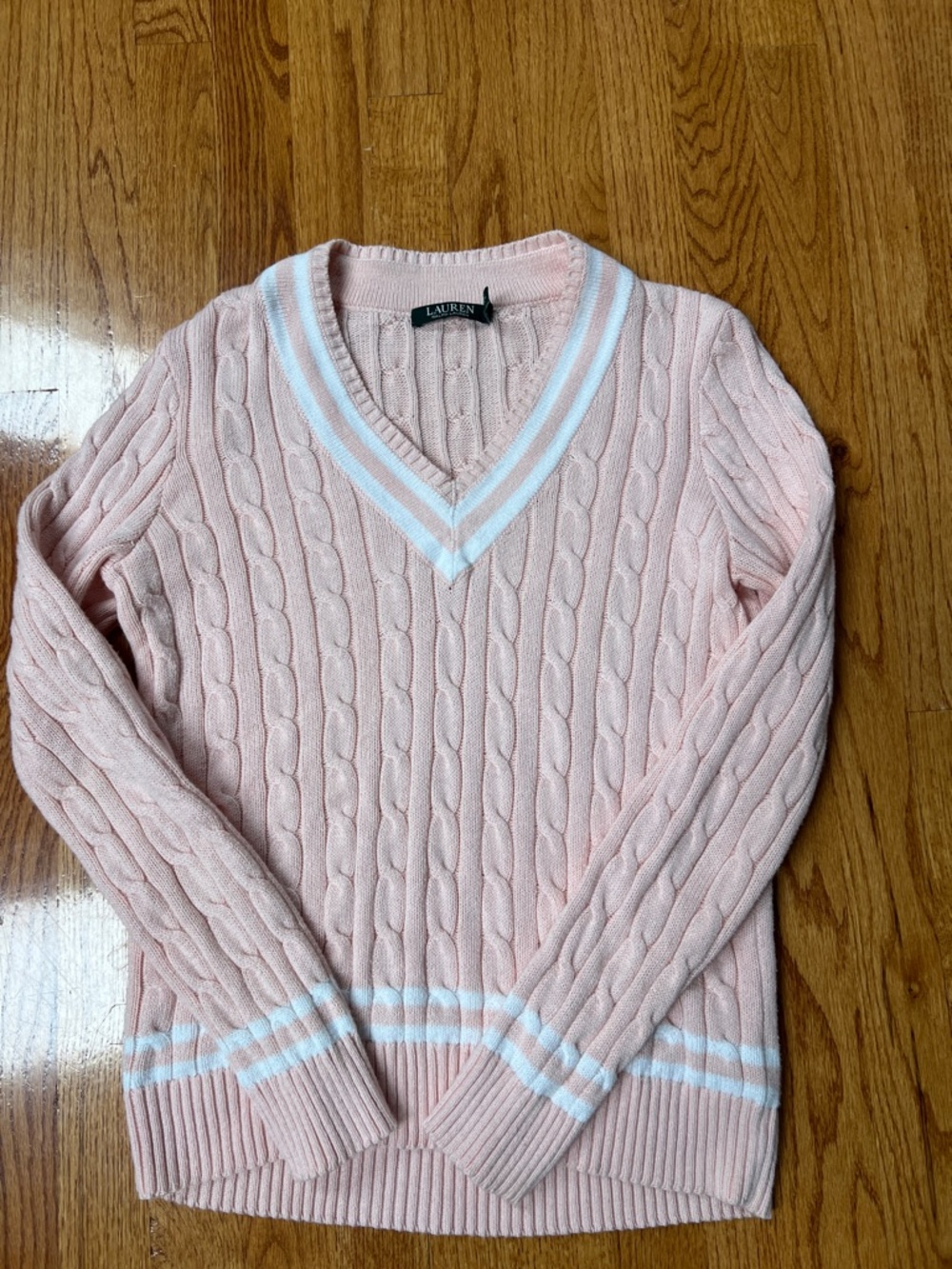 Lauren Ralph Lauren Blush Pink Cable V-Neck Sweater with White Trim